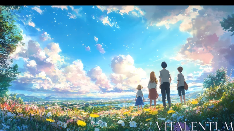 Anime hillside panorama with four students under luminous sky