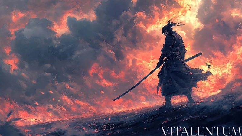 Lone samurai walks through burning storm sky at dusk