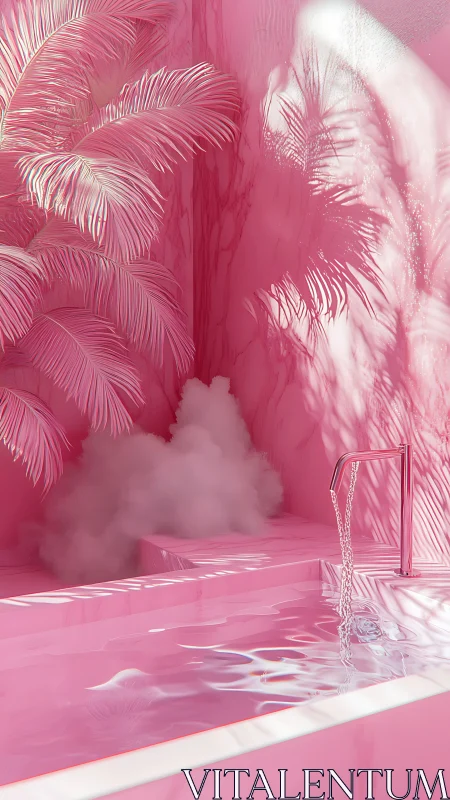 Monochrome pink pool with palm foliage and water flow.