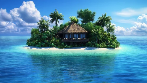 Tropical Island Resort with Thatched Pavilion in Crystalline Turquoise Lagoon.