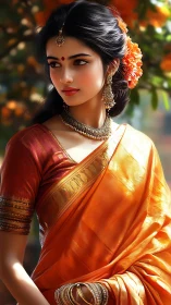 Elegant woman in orange silk saree gazes into soft sunlight.