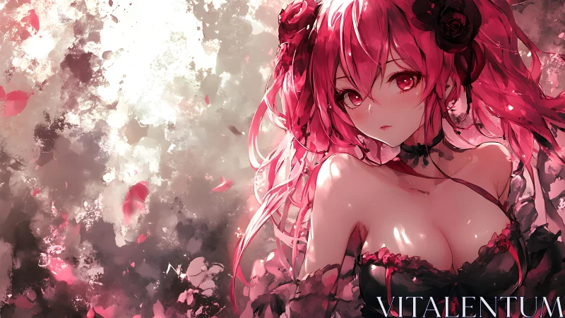 High-contrast anime portrait with red spectral lighting and petals