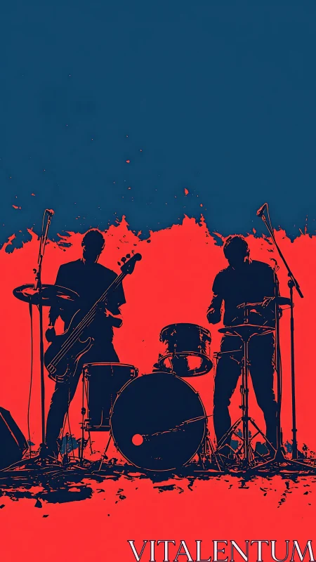 High-contrast duotone silhouette of live drum and bass duo