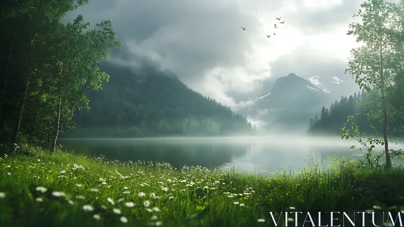 Mist-kissed mountain lake cradling a wildflower hush.