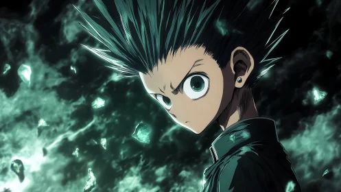 Anime boy channels emerald energy amid shattered light.