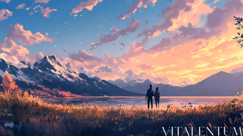 Silhouetted figures contemplate alpine lake at dramatic sunset.