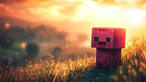 Voxel pink creature on grassy hillside at sunset light.