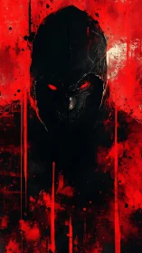 Masked silhouette emerges from red-splattered darkness.