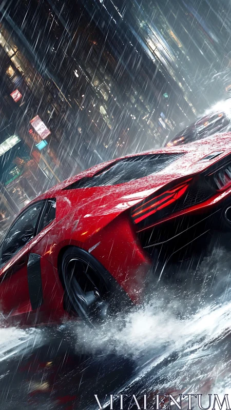 Red sports car speeding through wet neon city street rain.