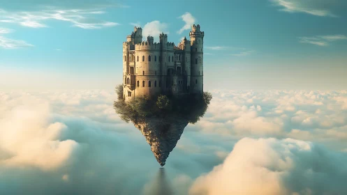Floating sky castle drifts above glowing morning clouds