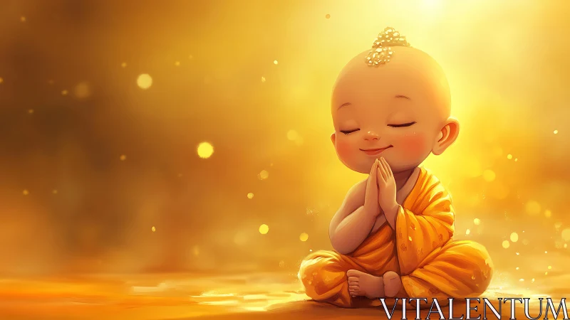 Serene baby monk in radiant golden meditation glow.