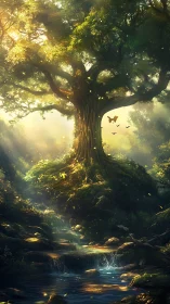 Ancient forest tree above stream in warm morning light.