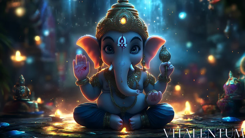 Cute baby Ganesha idol in blue and gold temple lighting.