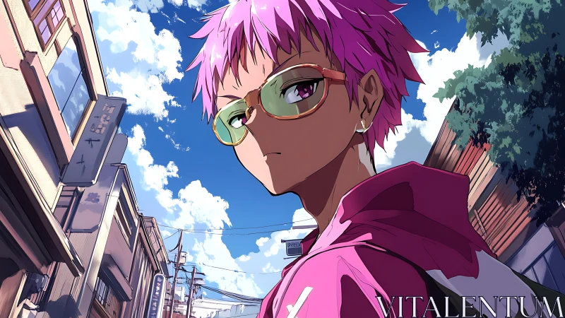 Pink haired character with glasses in urban street scene.