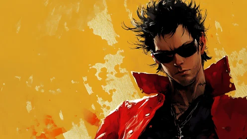 Neon rebel in red jacket against bold golden streetlight haze.