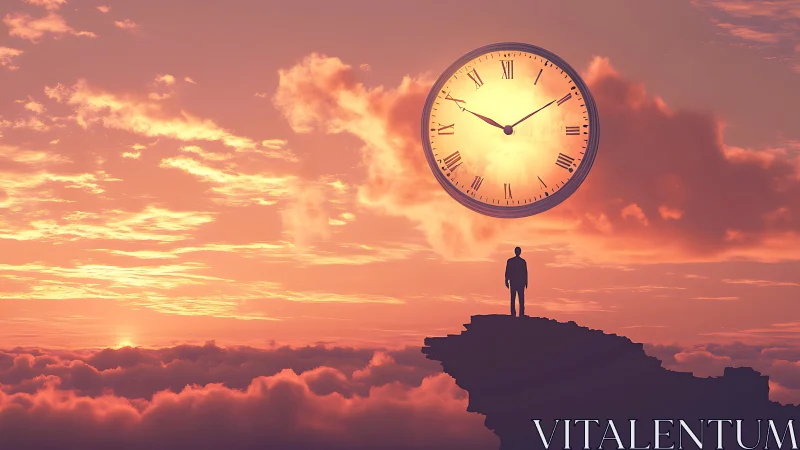 Solitary dreamer studies a molten sky-clock above the clouds