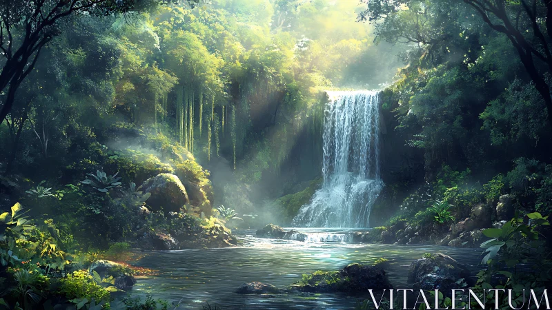 Cascading Falls Through Luminous Forest Canopy.