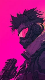 Armored cyberpunk operative stands against neon magenta void