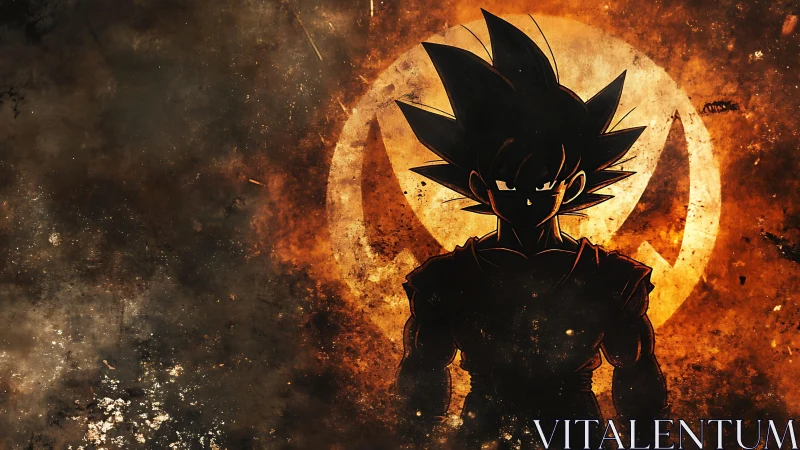 Silhouetted spiky-haired warrior stands before glowing emblem