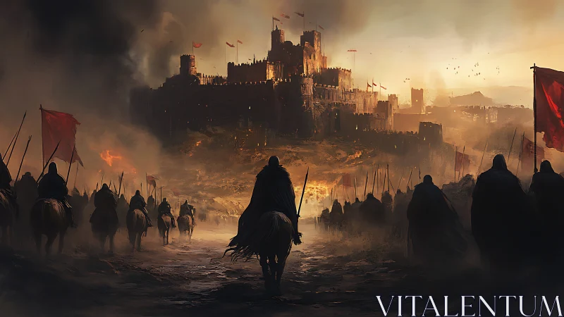 Stormlit warhost advances as a burning citadel bleeds dusk