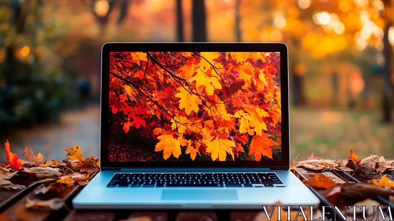 Laptop screen mirrors vivid autumn foliage in soft bokeh park