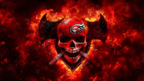 Fiery red skull emblem blazes amid molten inferno clouds