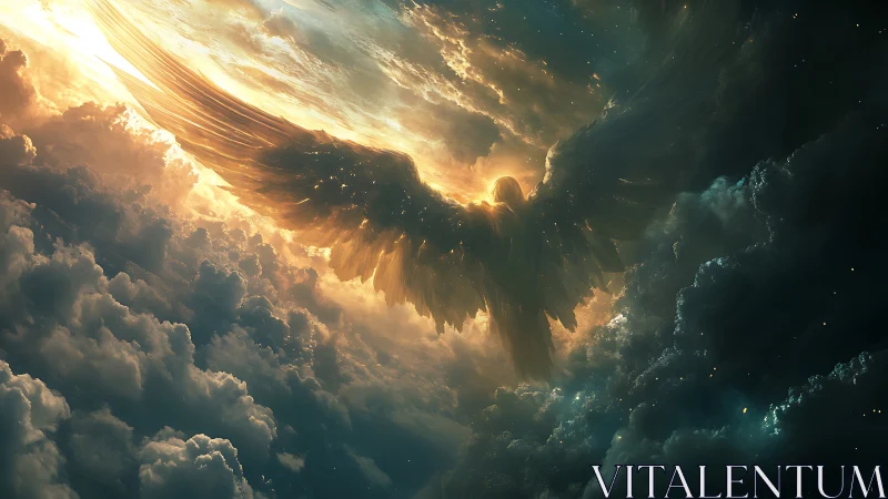 Backlit seraphic figure with volumetric clouds and radiant wings