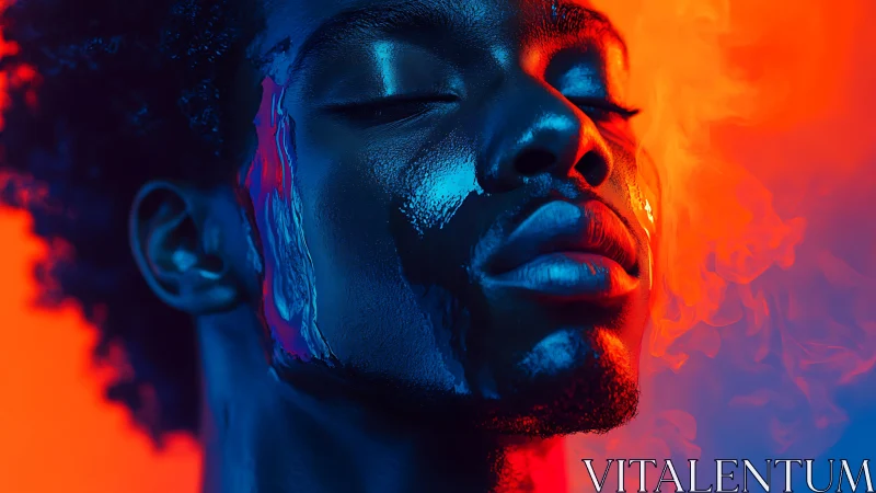 Neon portrait with closed eyes in blue orange smoke glow.