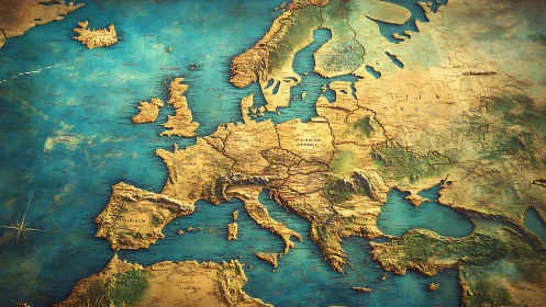 Textured relief map of Europe glows in warm vintage light.
