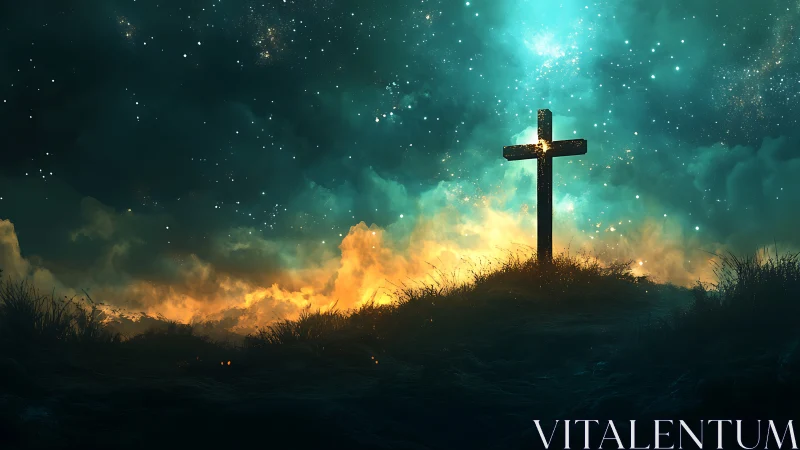 Cross silhouette on hill under luminous star-filled sky.