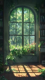 Sunlit arched window framing lush garden through soft foliage