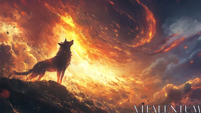 Lone wildfire wolf greeting a swirling sky of embers.