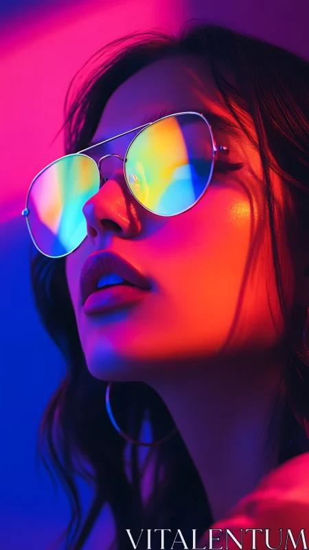 Portrait of woman in reflective sunglasses under neon light.