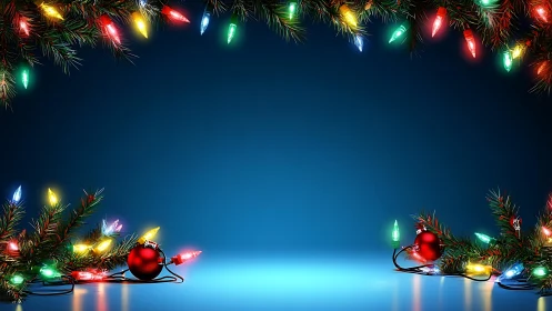 Christmas lights and ornaments on blue background frame.