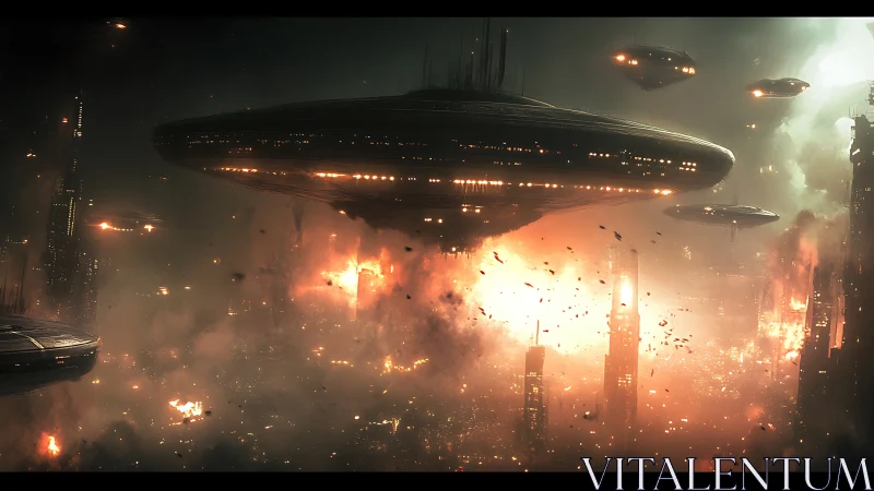Colossal alien motherships descend on a burning future city