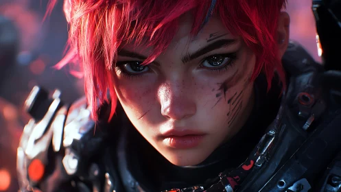 Fierce red‑haired warrior gazes ahead with quiet resolve.