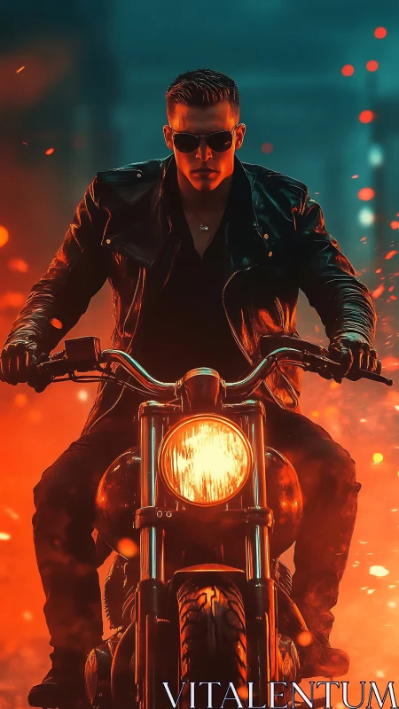 Motorcycle rider moves forward through illuminated particles