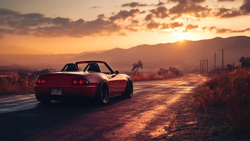 Red convertible meets a glowing country sunset highway