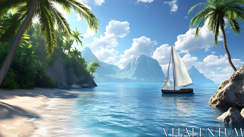 Tropical bay sailboat under bright midday sun seascape.