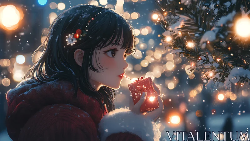 Snowlit girl savors a tiny glowing gift beneath winter lights