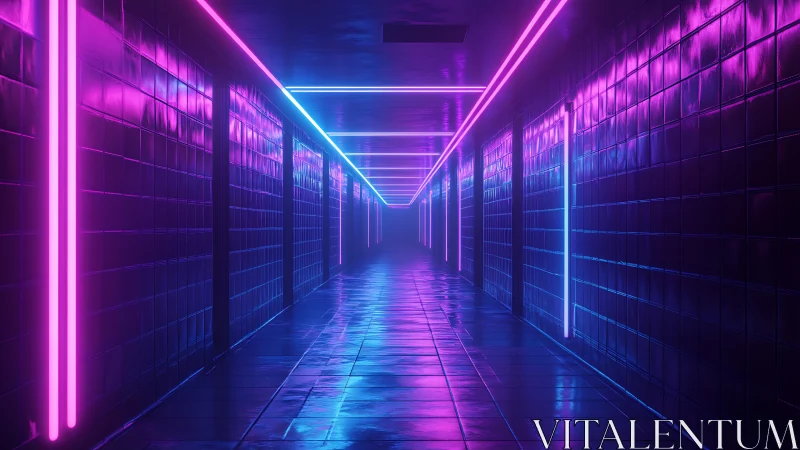 Neon-lit reflective corridor with magenta and cyan tube lighting
