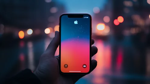 iPhone held in hand with gradient sunset lock screen display.