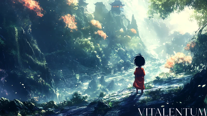 Child in red observes distant mountain temple in valley