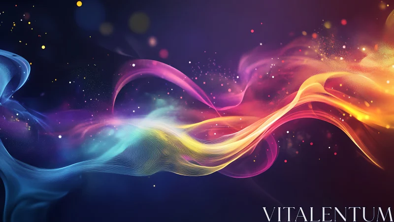 Colorful light trails curve across dark gradient background