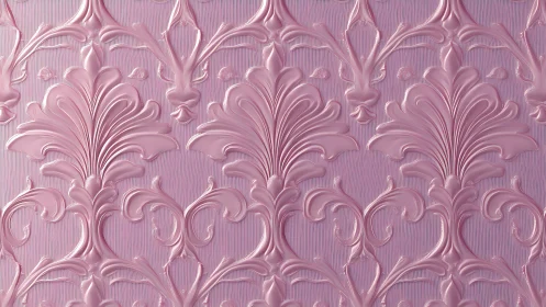 Embossed pink damask relief with ornate baroque scrolls.