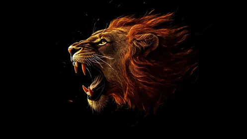 Roaring ember-maned lion blazing from midnight void.