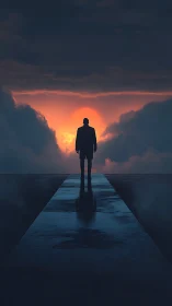 Silhouetted Figure on Reflective Causeway at Sunset Horizon.