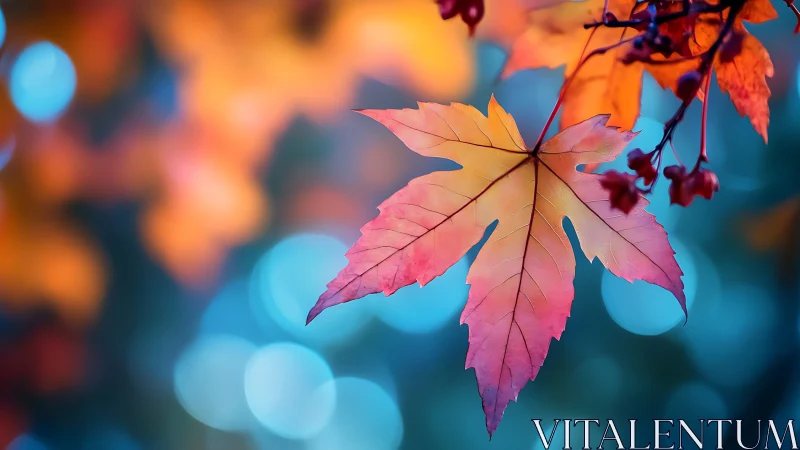 Single maple leaf in shallow focus against soft bokeh field.