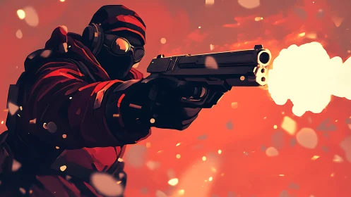 Masked action hero in blazing red gunfire moment.