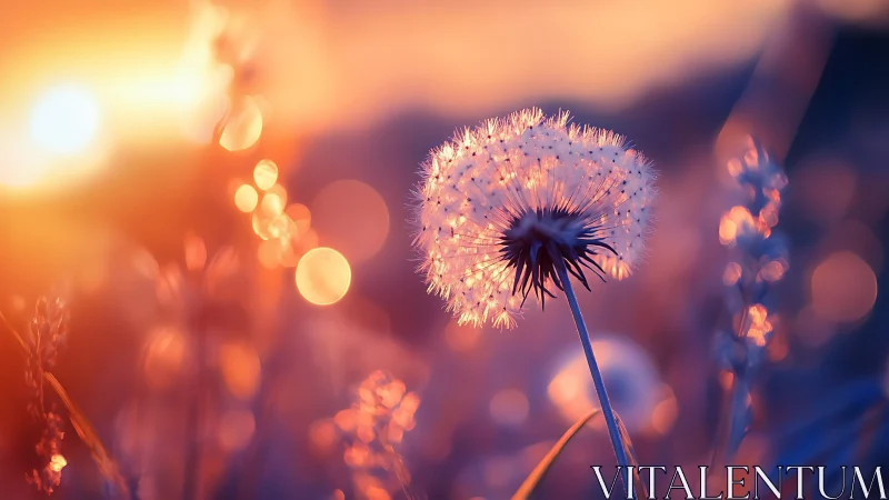 Backlit dandelion seed head rendered in warm sunset bokeh